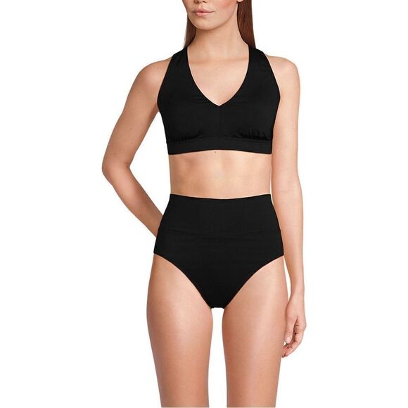 Land's End two piece V Neck bikini top high leg high waisted bottoms blk Large - Picture 2 of 4